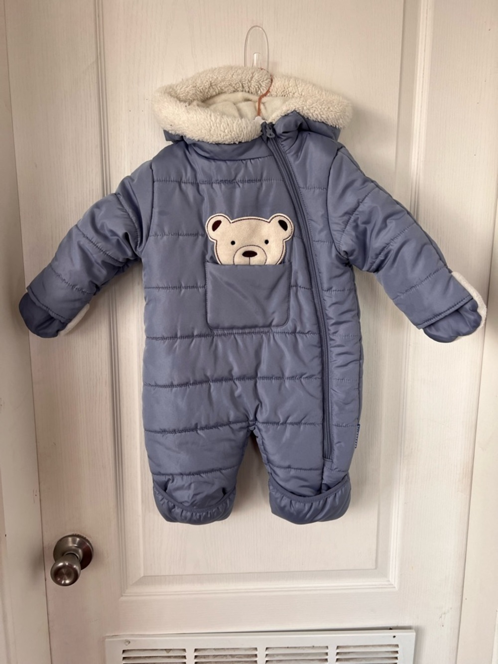 Blue Infant Puffer Snowsuit with Bear Patch
